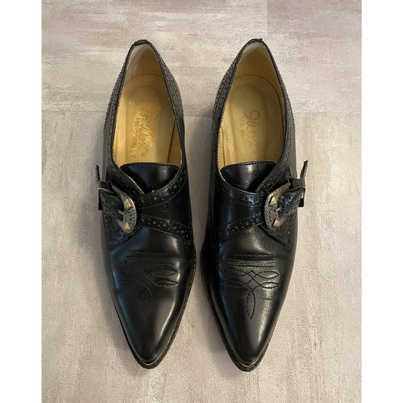 Vintage Nine West Ankle Boots Womens 6 Black Leather Buckle Pointed Toe - Picture 1 of 15